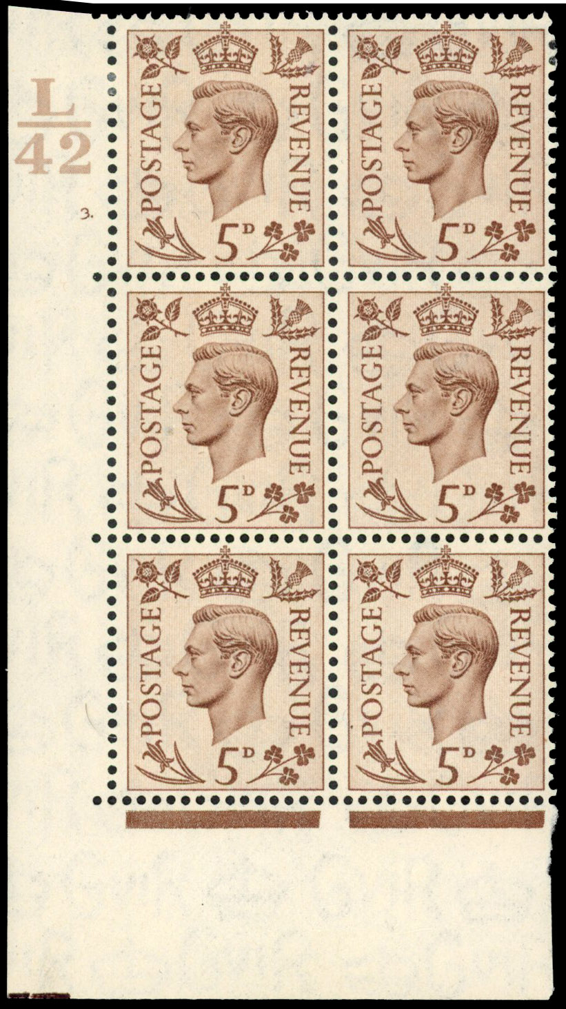 1938 5d Brown Control L/42 no bars block mint (SG469)