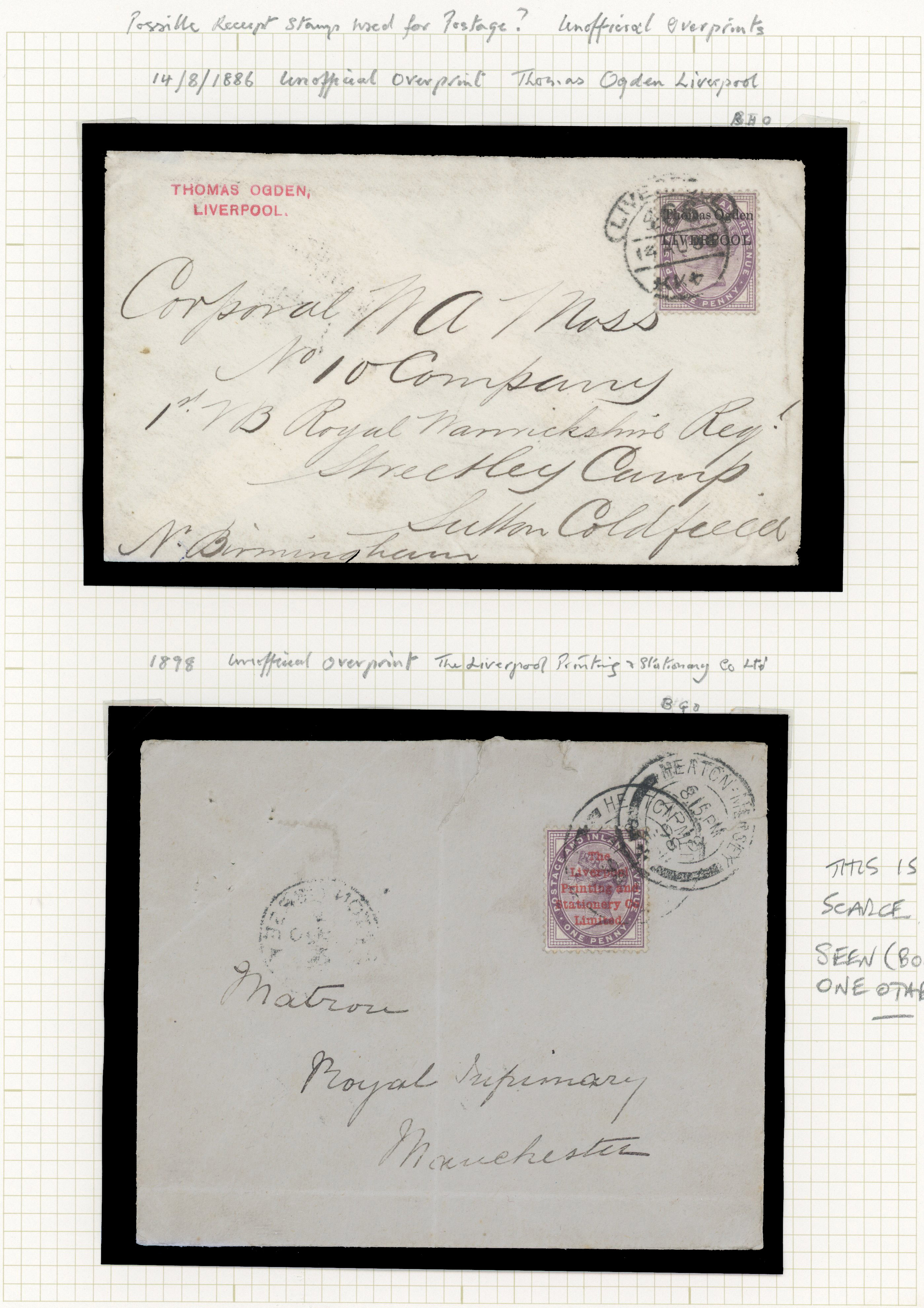 1886-98 1d Lilac, unofficial overprints on cover. Two envelopes 