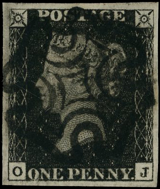 1840 1d black, plate 10 (OI showing the ‘J’ flaw,), four large even margins, neatly cancelled