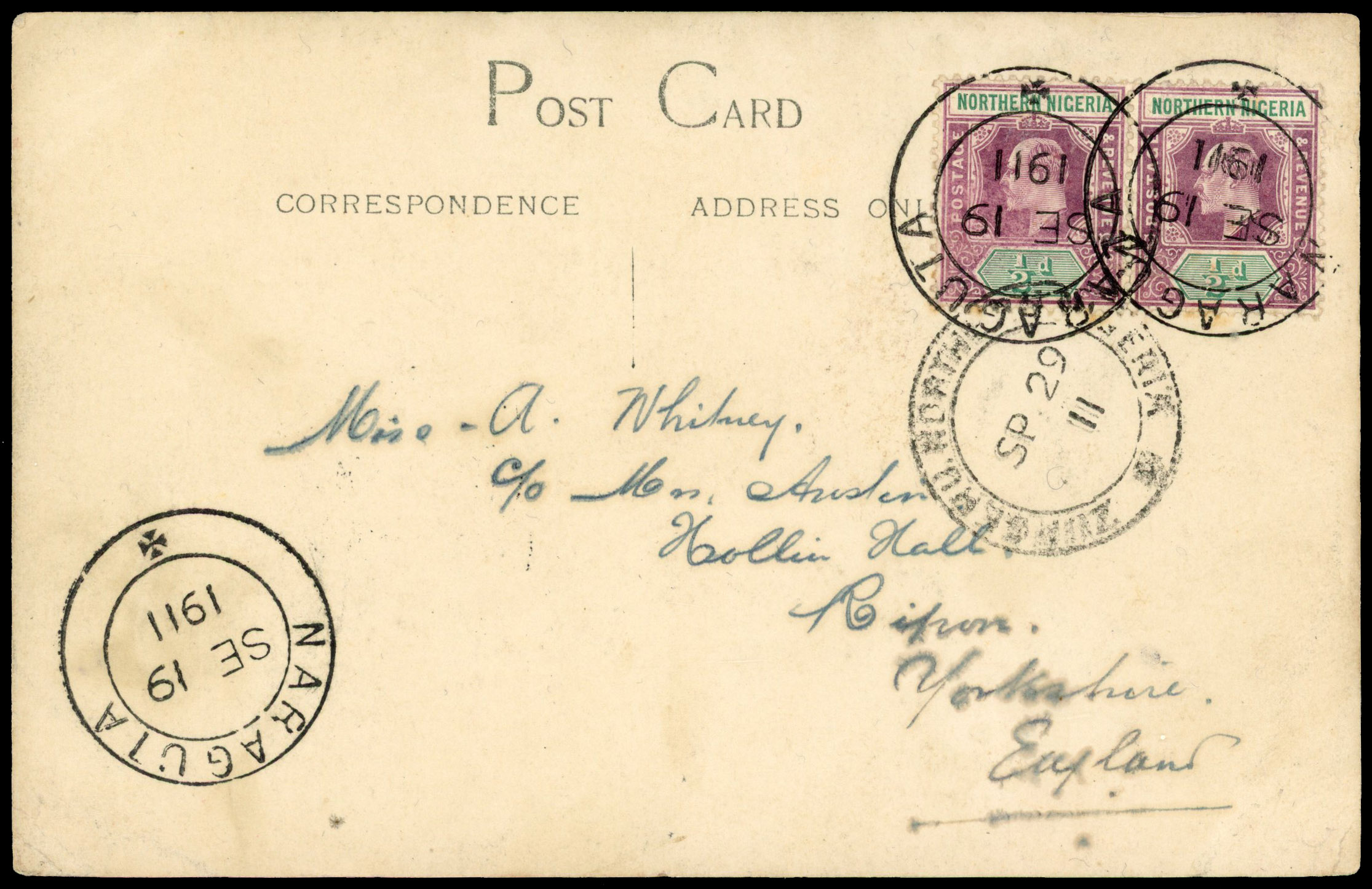 1911 ppc of Village Scene to Yorkshire franked ½d pair (SG 20) tied fine ‘NARAGTA/SE 19 1911’d/r cds (Proud D2)