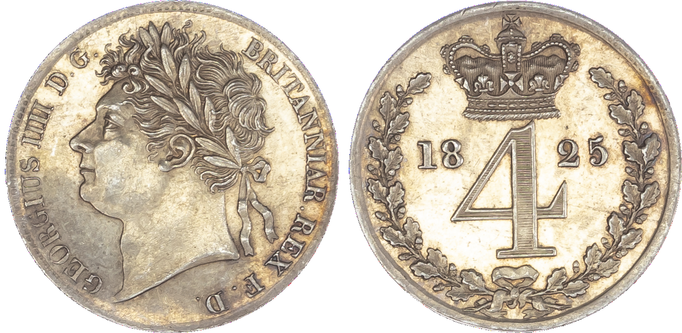George IV (1820-30), Maundy Set, 1825, Fourpence, Threepence, Twopence, Penny, laureate head left, toothed borders, legend