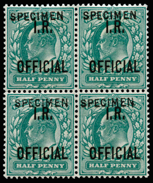 Great Britain 1902 ½d Blue-green (I.R. Official). Very fine unmounted o.g. block of four overprinted "SPECIMEN" ty…