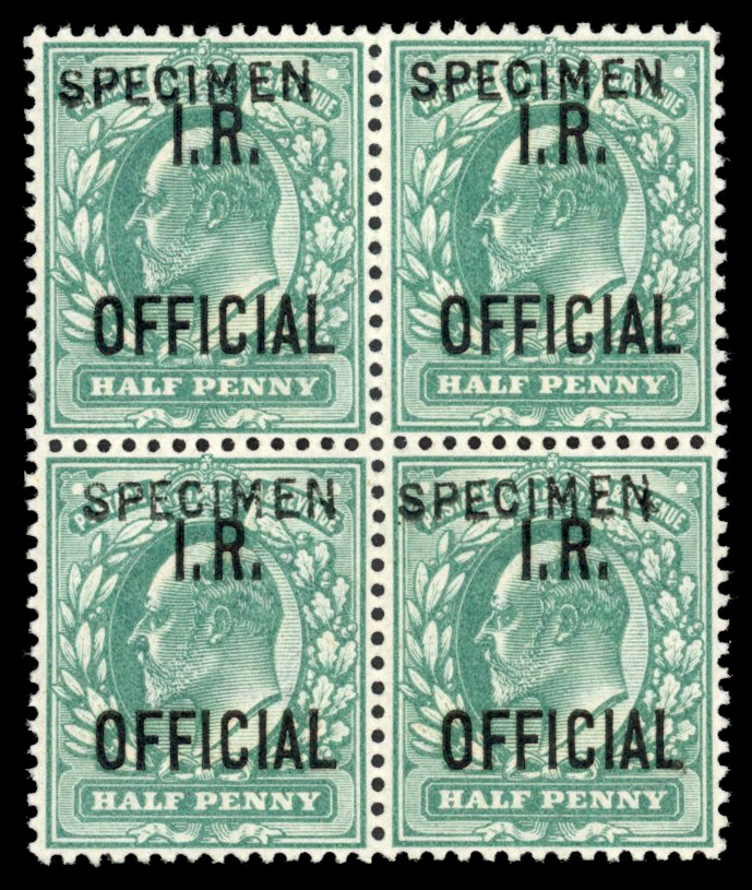 GB I.R. Official. 1902 ½d blue-green, block of four optd "SPECIMEN" type 15, Spec. MO1s, SG O20s