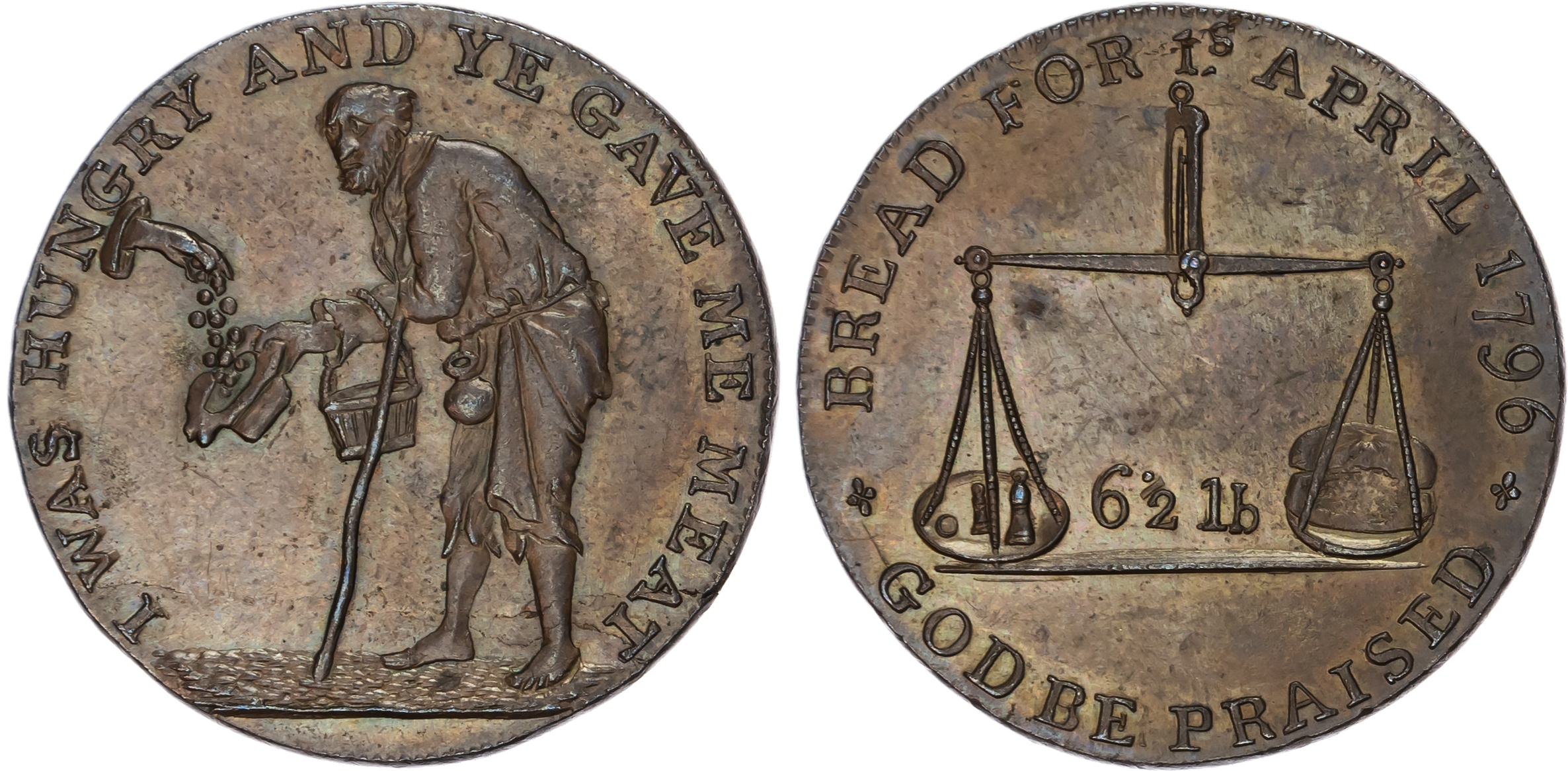 Glos. Badminton, David Arnot and John Jelly (Kempson mule) Halfpenny 1796, 6½ lb. scales, rev. beggar receivin…