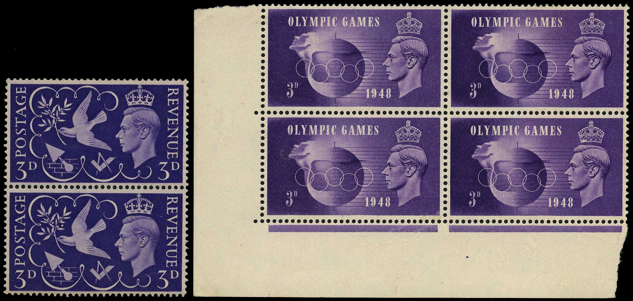 1946 3d Victory vertical pair, lower stamp Cyl....