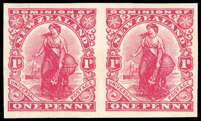 New Zealand 1909-27 1d Dominion imperf pair