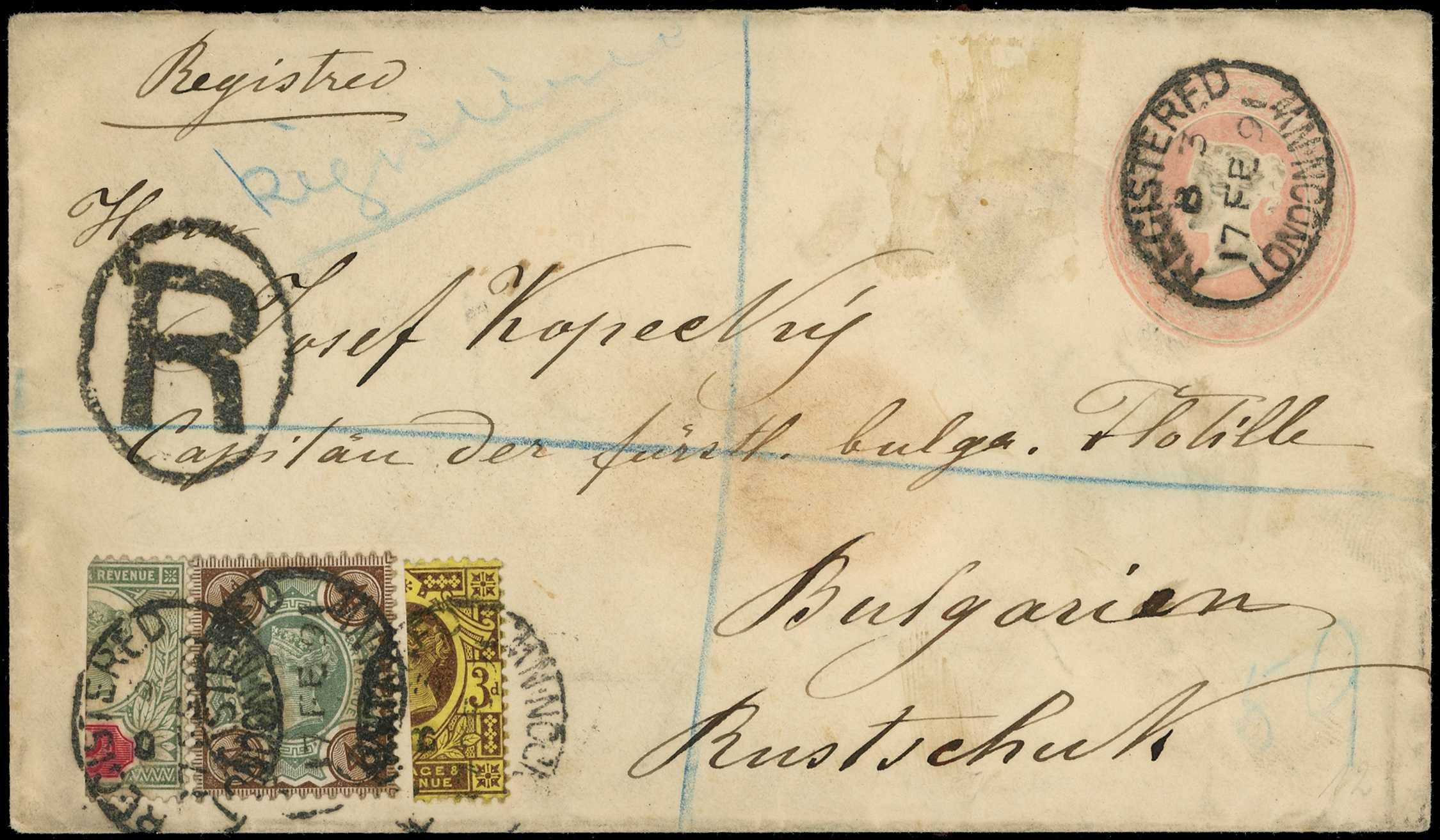 Postal History. 1891 1d pink registered...