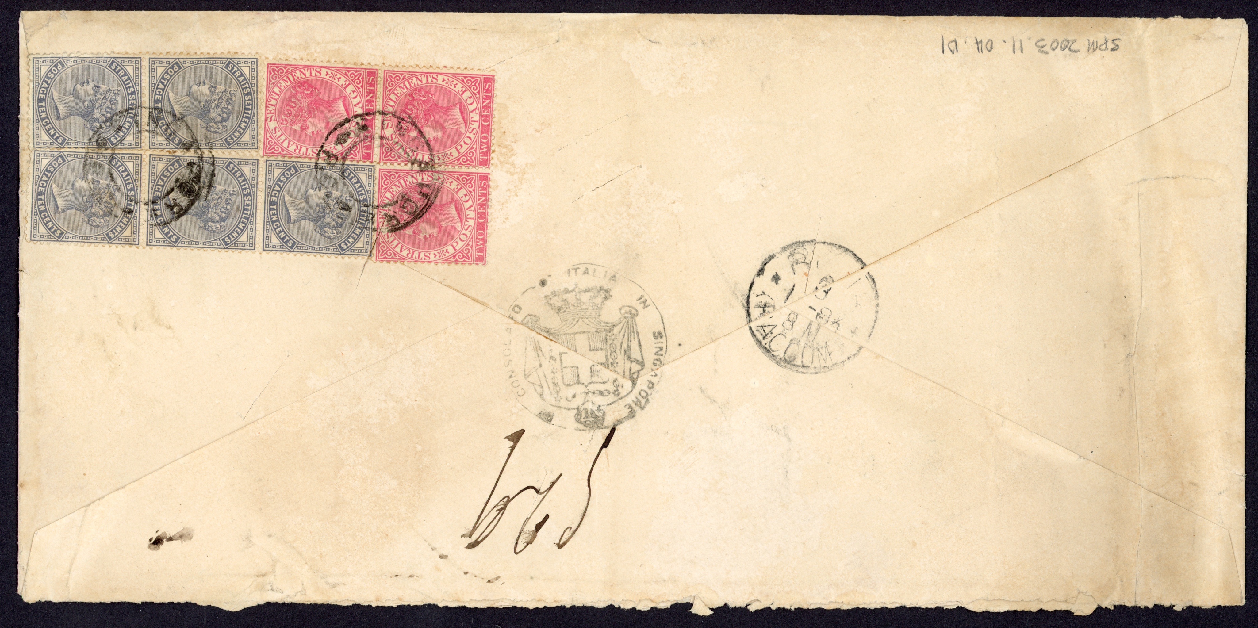 Straits Settlements SG 52, 53, 63a 1883 and 1884 covers from Italian Consul in Singapore