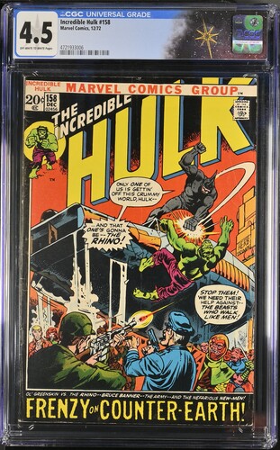 Incredible Hulk #158 CGC 4.5 Rhino appearance (Marvel Comics, 1972) Off-white to white pages