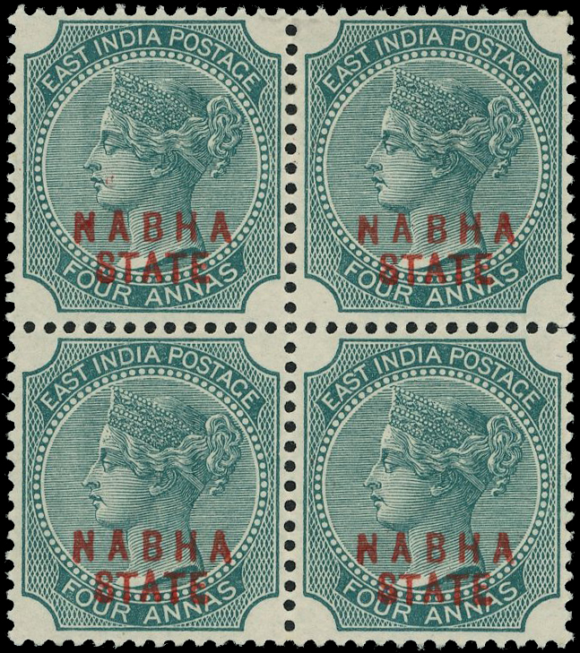 ICS NABHA SG 12 1885 4a GREEN TYPE 2 OPT IN RED BLOCK OF 4 O.G.