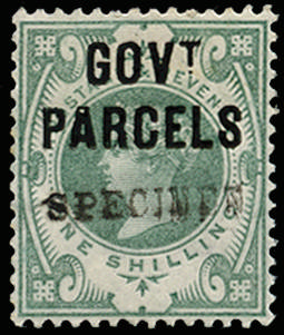 Great Britain 1890 1s Dull green (Govt. Parcels).Very fine unused o.g. example overprinted "SPECIMEN" type 9. Spec…