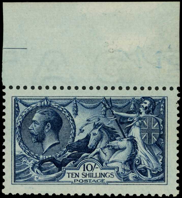 1913 10/- indigo-blue, top marginal,...