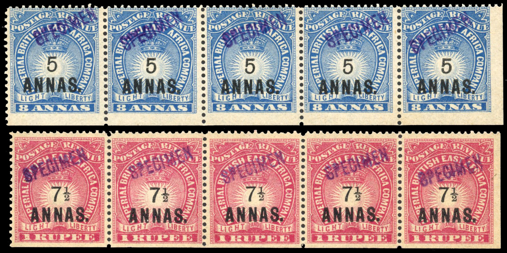 British East Africa SG 27s-28s 1894 5a on 8a and 7½a on 1r Specimen strips