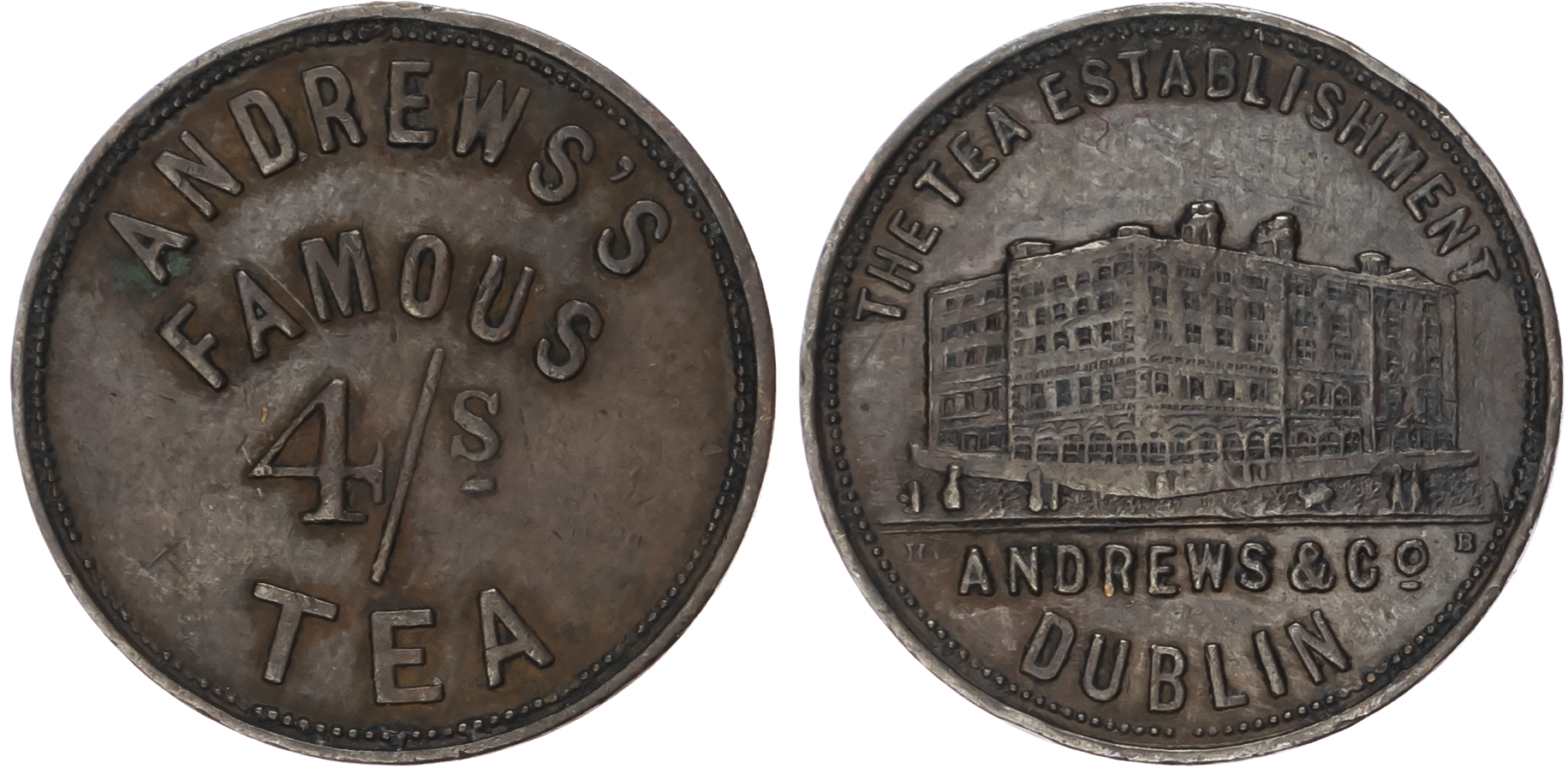 Dublin, J R Andrews (tea dealer) (farthing) (1834), view of large corner building, water in front/4/- TEA, 22m…