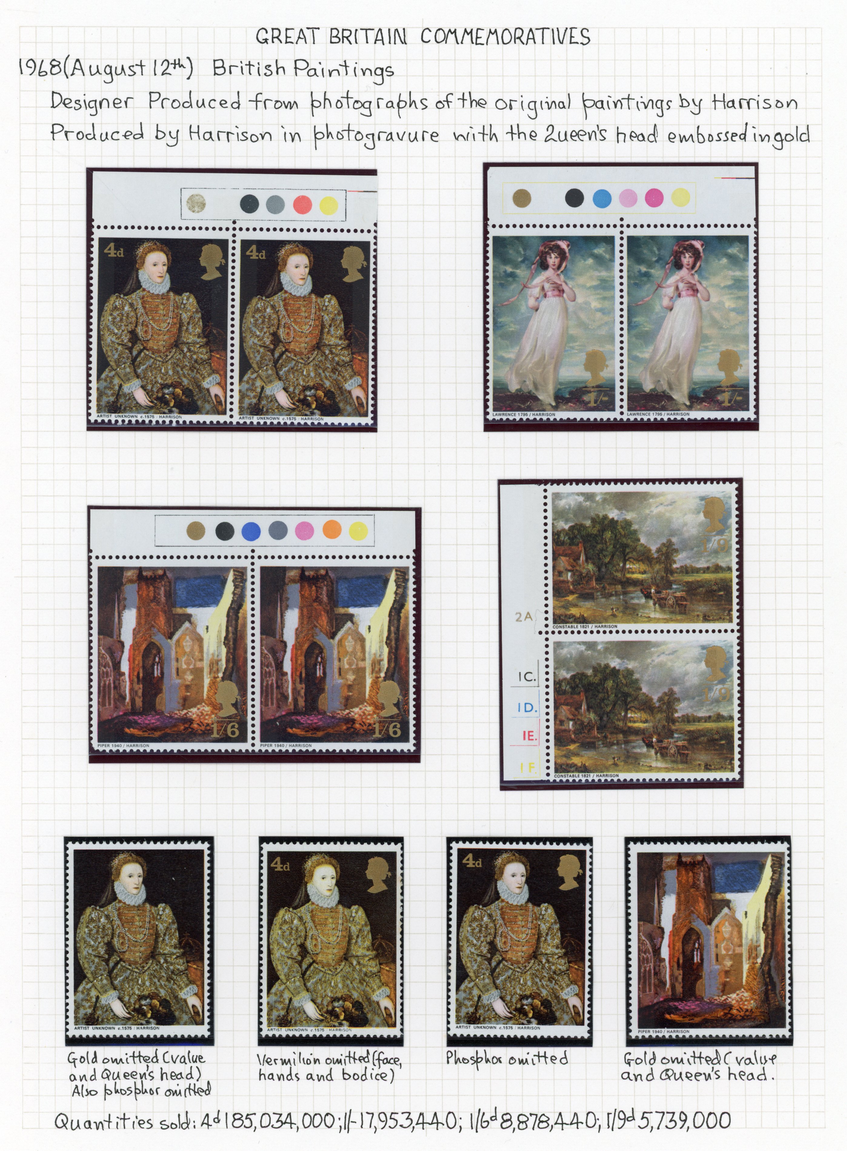GB: 1968 British Paintings, on album leaf plus 4d gold (value and Queen's head) omitted, 4d vermilion omitted, 4d phosphor