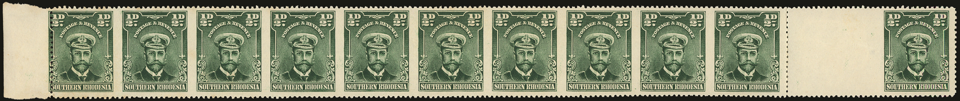 Southern Rhodesia 1924 1/2d blue green horizontal STRIP OF TEN, ERROR IMPERFORATE BETWEEN, SG 1ca Mint