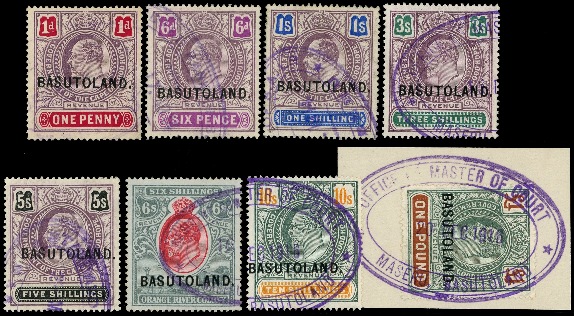 c.1912 23mm x 3mm ‘BASUTOLAND’ overprint on KEVII Cape revenues (6s on ORC)