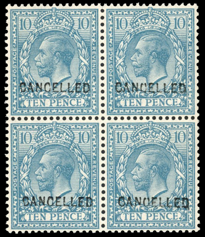GB 1912-24 10d bright turquoise-blue block of four optd "CANCELLED" type 24, Spec. N31(1)u, SG 394var