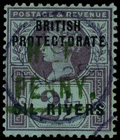 1893 ½d on 2½d handstamped Type 4 in green, fine used with Old Calabar AU 28 94 CDS.  First N of PENNY has largely failed...