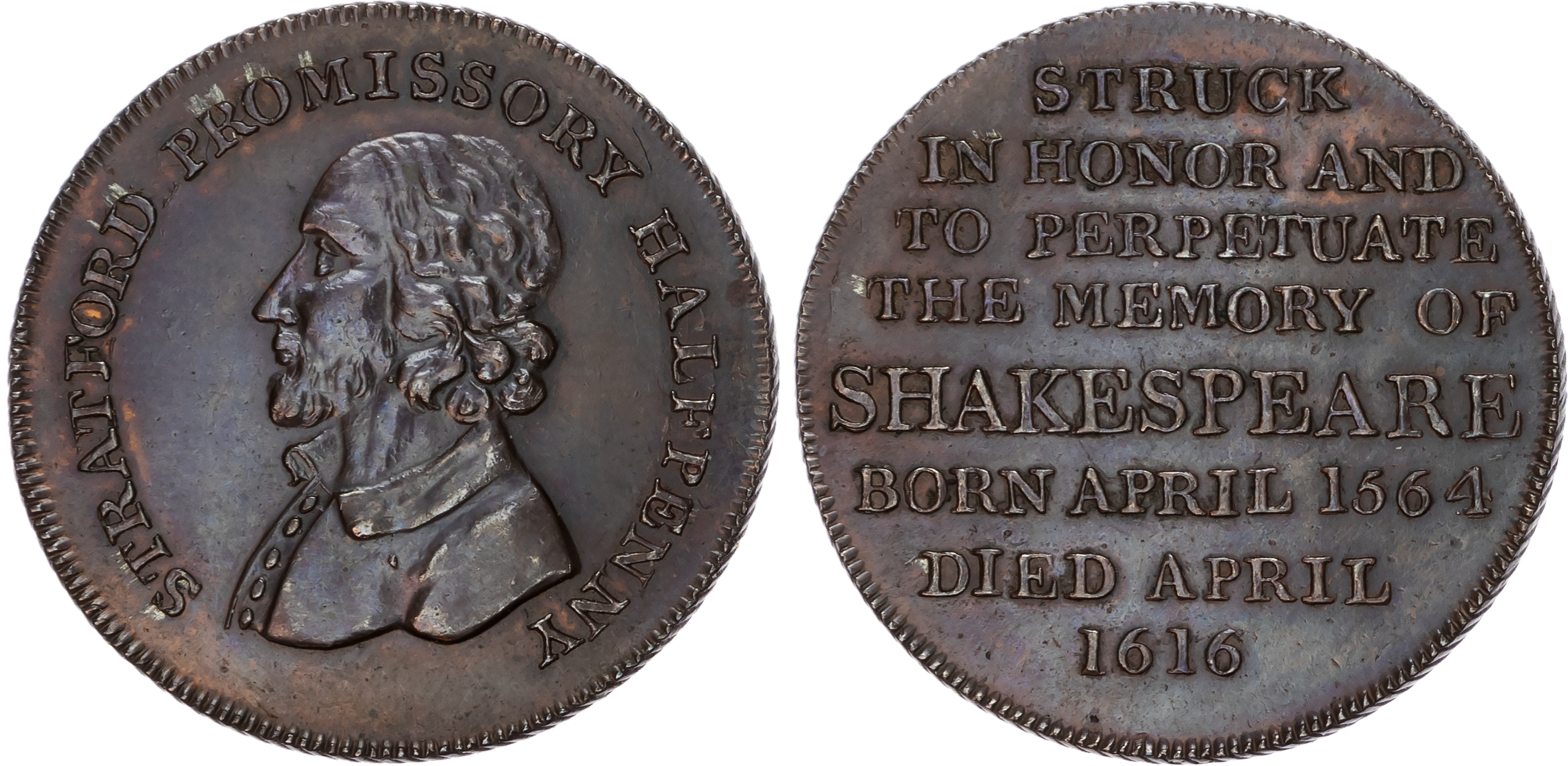 Warks. Stratford-upon-Avon , Skidmore’s Halfpenny undated, Draped bust of Shakespeare left, rev. 8line legend …