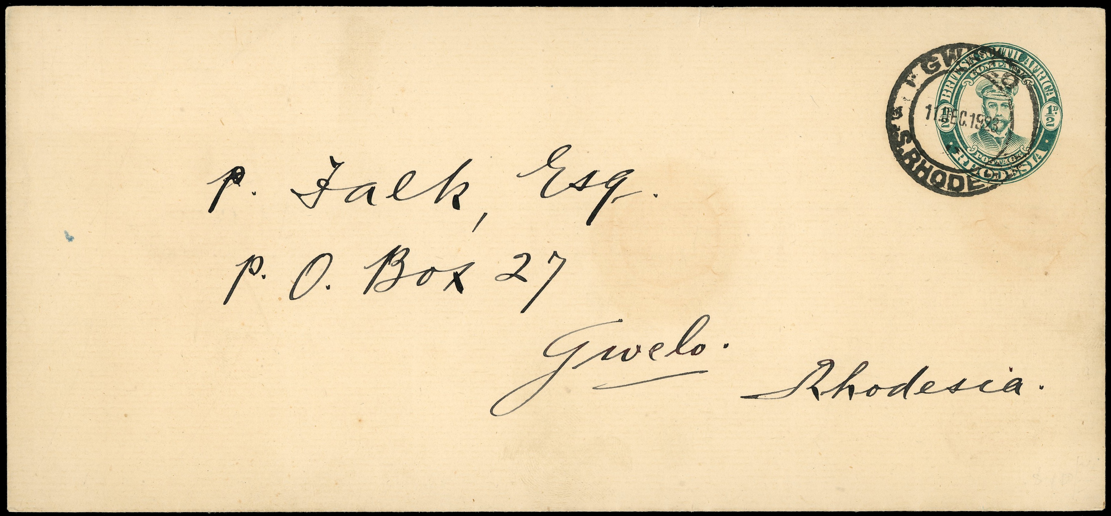 1923 ½d green "Admiral" envelope used from Gwelo