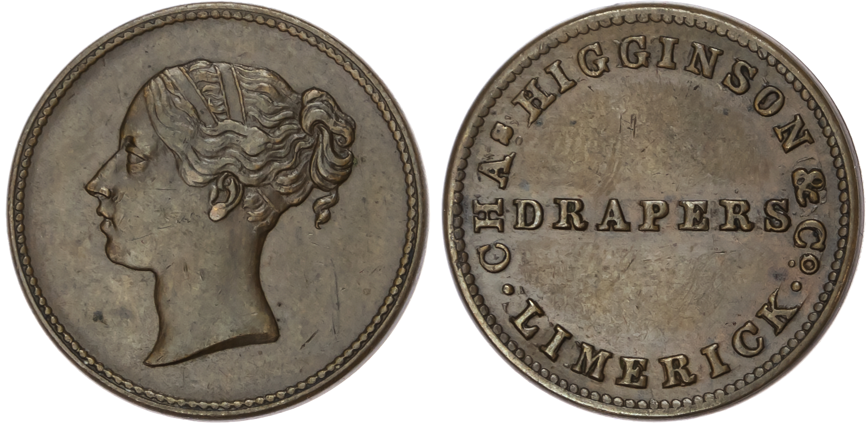 Limerick, Chas. Higginson & Co. (linen drapers), farthing (1840s), head of Victoria l./address. 21.25mm, (W 65…