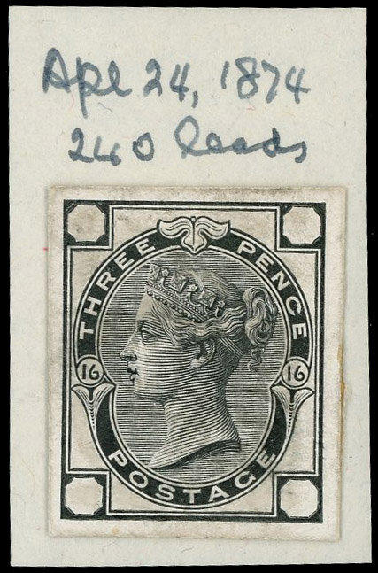 1874 3d Rose Pl.16. Very fine striking book piece printed in black with void corner letters on white glazed card, re-mou…