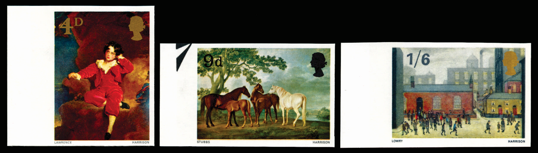 GB 1967 4d-1s6d British Paintings. Superb unmounted o.g left hand marginal set of three imperforate imp… SG748/50var