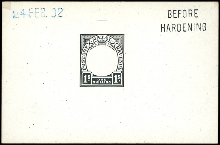 1902 Die Proof of 1/- Duty Plate in black on glazed card 93 x 60mm, dated 24 FEB. 02 in blue and marked BEFORE HARDENING. ...