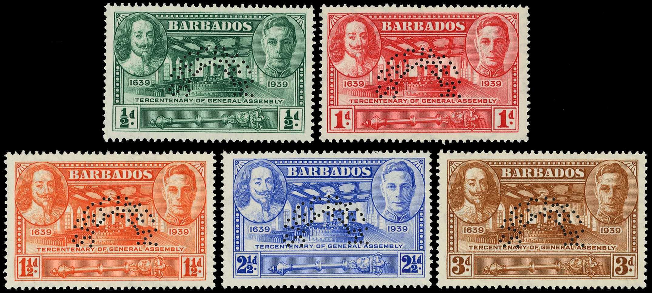 Barbados 1939 Tercentenary set of five perforated SPECIMEN. SG 257s/261s