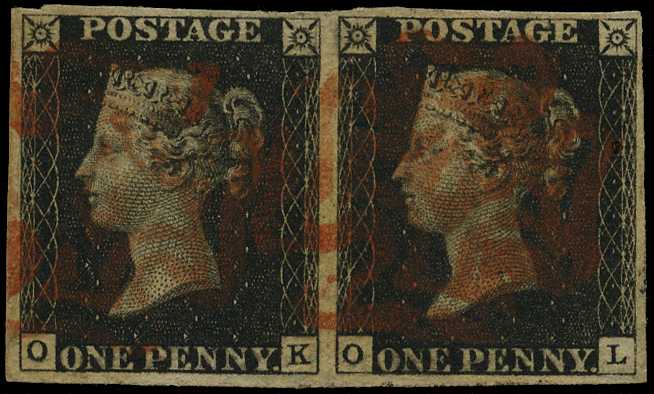 1840 1d black horizontal pair, Plate 8,...