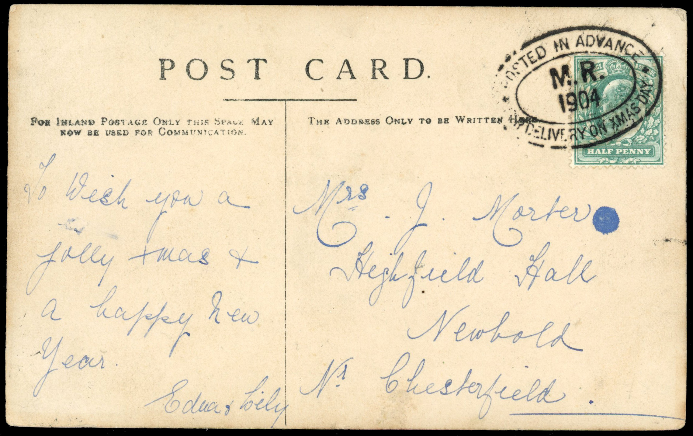 GB: 1903-08 selection of six picture postcards all with ‘Posted in Advance for Christmas’ cancels