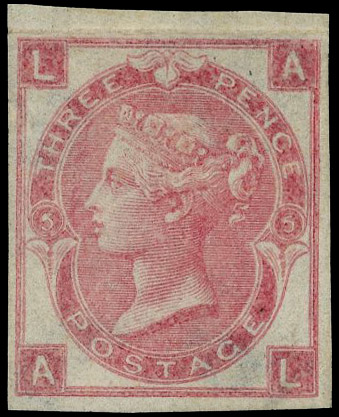1865 3d Rose Pl.5 (Wmk. Emblems). Very fine unused imperforate ‘abnormal’ imprimatur lettered AL. Scarce one of only 23 …