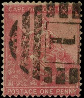 1864-77 1d rose-red, watermark Crown CC inverted.  Used with '1' in bars of Cape Town.  SG 23w,...