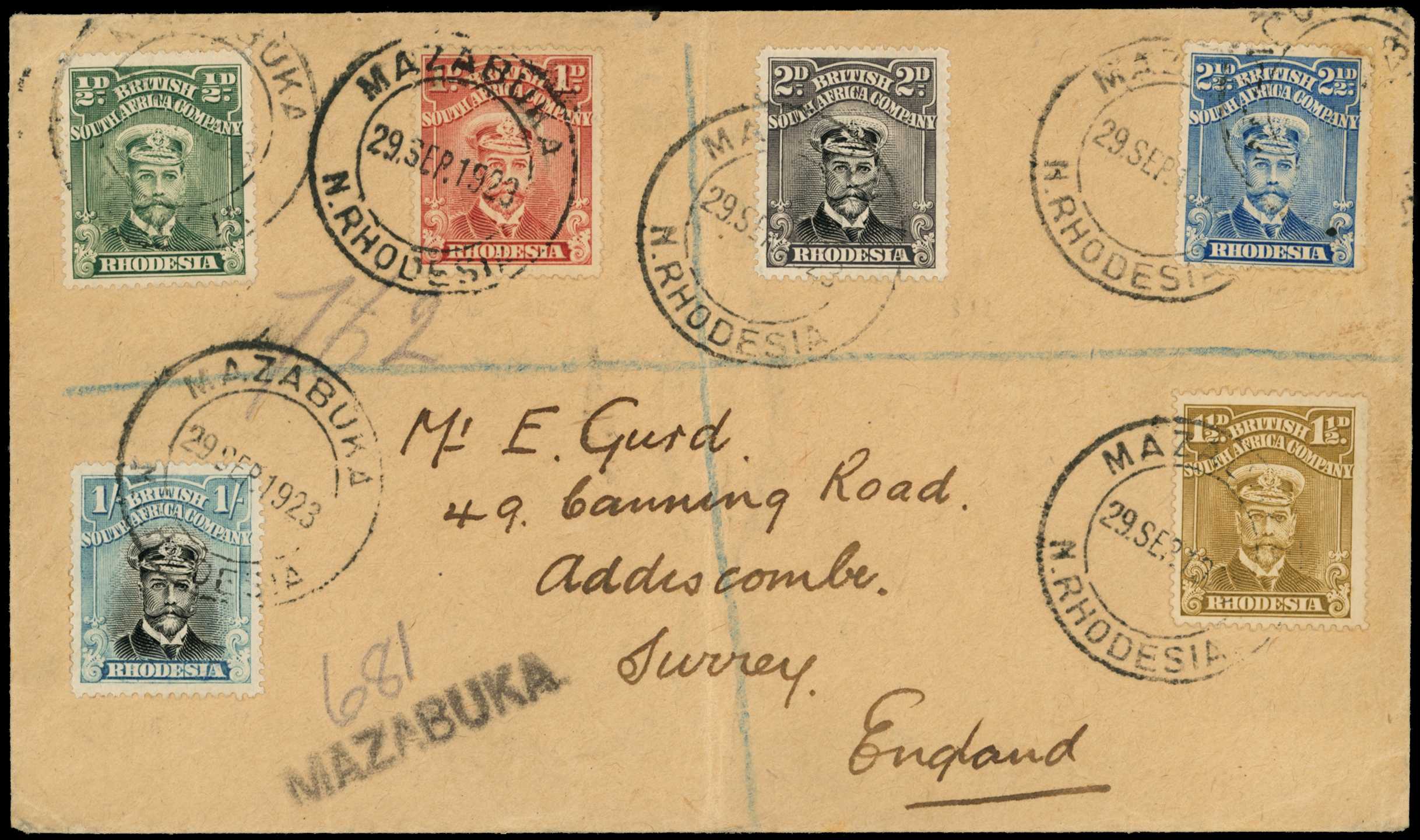 1923 registered cover to Surrey bearing ½d,...