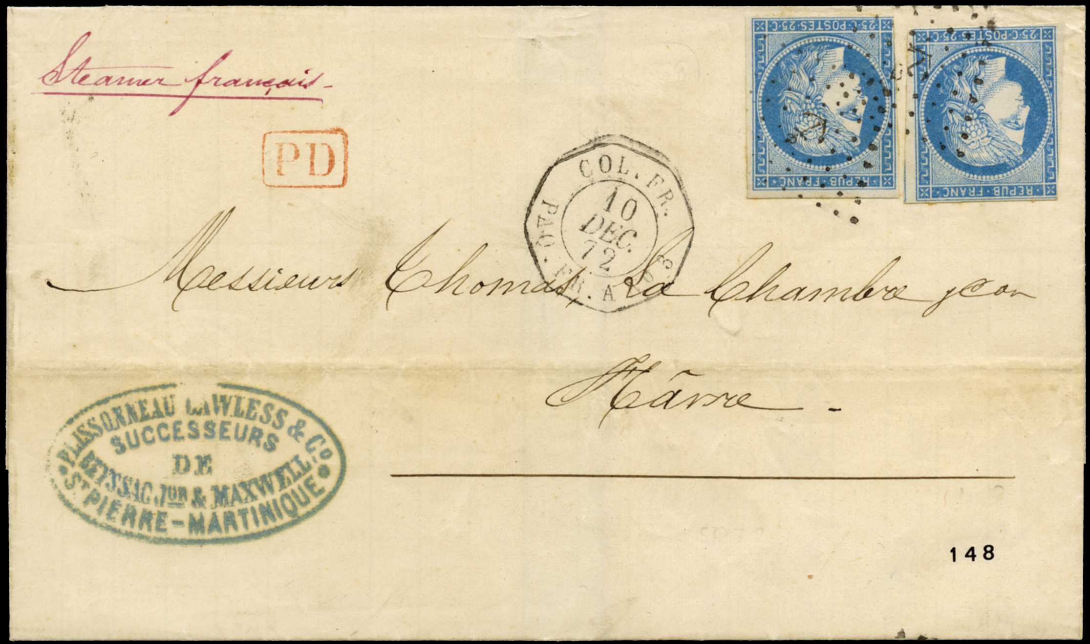 1872 cover to France bearing 25c. Ceres...