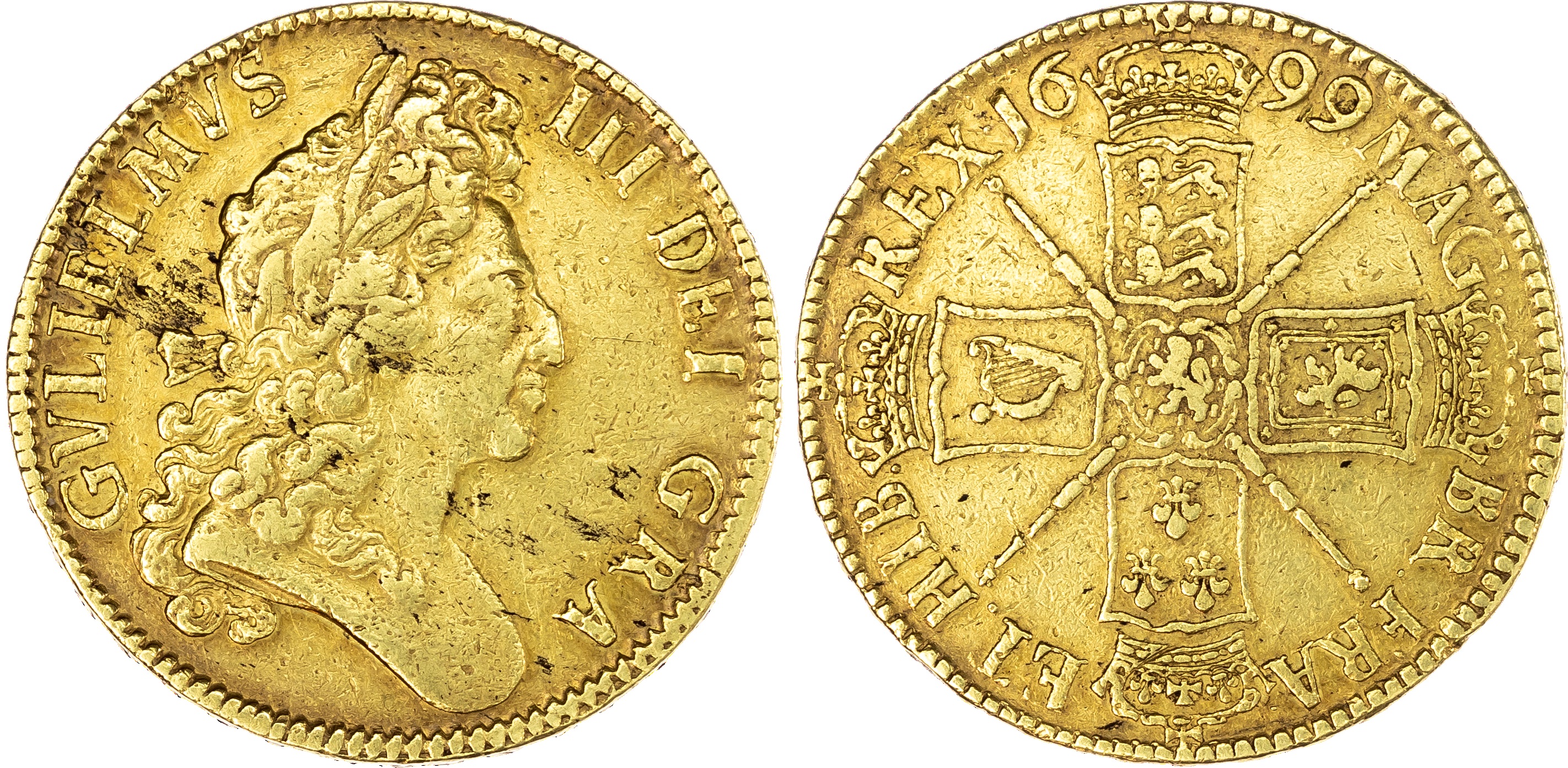 William III (1694‑1702), Five‑Guineas, 1699, first laureate head facing right, legend within toothed border reads GVLIELMVS.