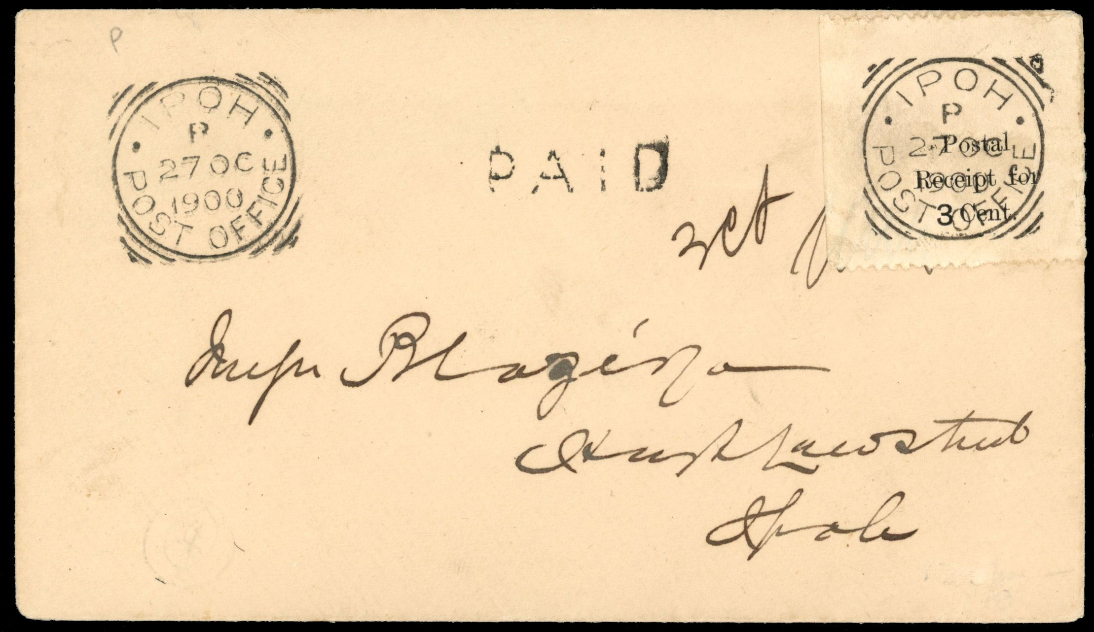 Malaya Perak 1900 3c 'Tanjong Malim provisional' cover