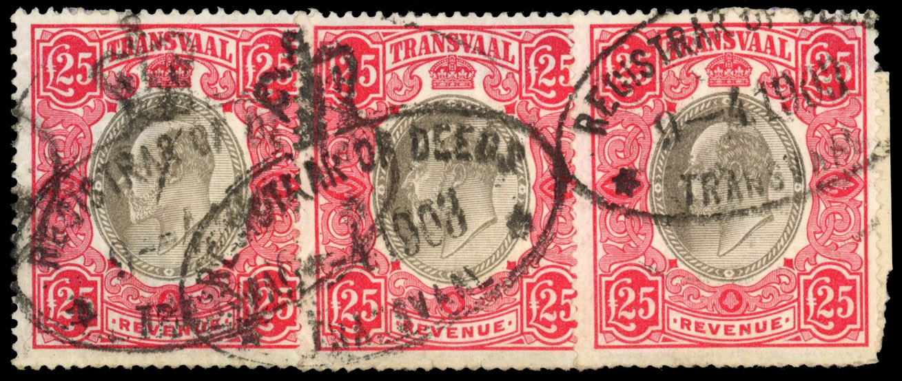 Transvaal 1902 watermark CC £25 brownish grey & rose-red used.