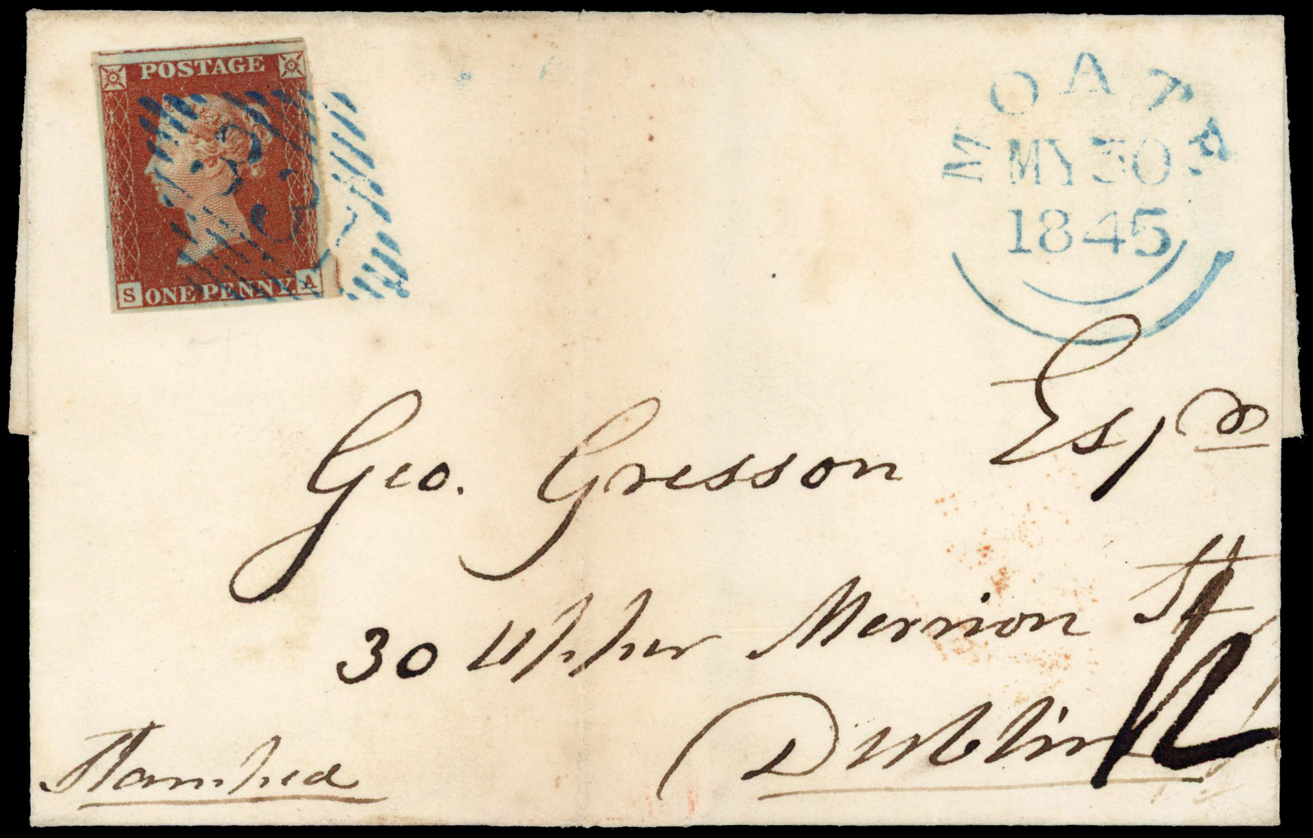 1845 cover Moate to Dublin with blue numeral and datestamp