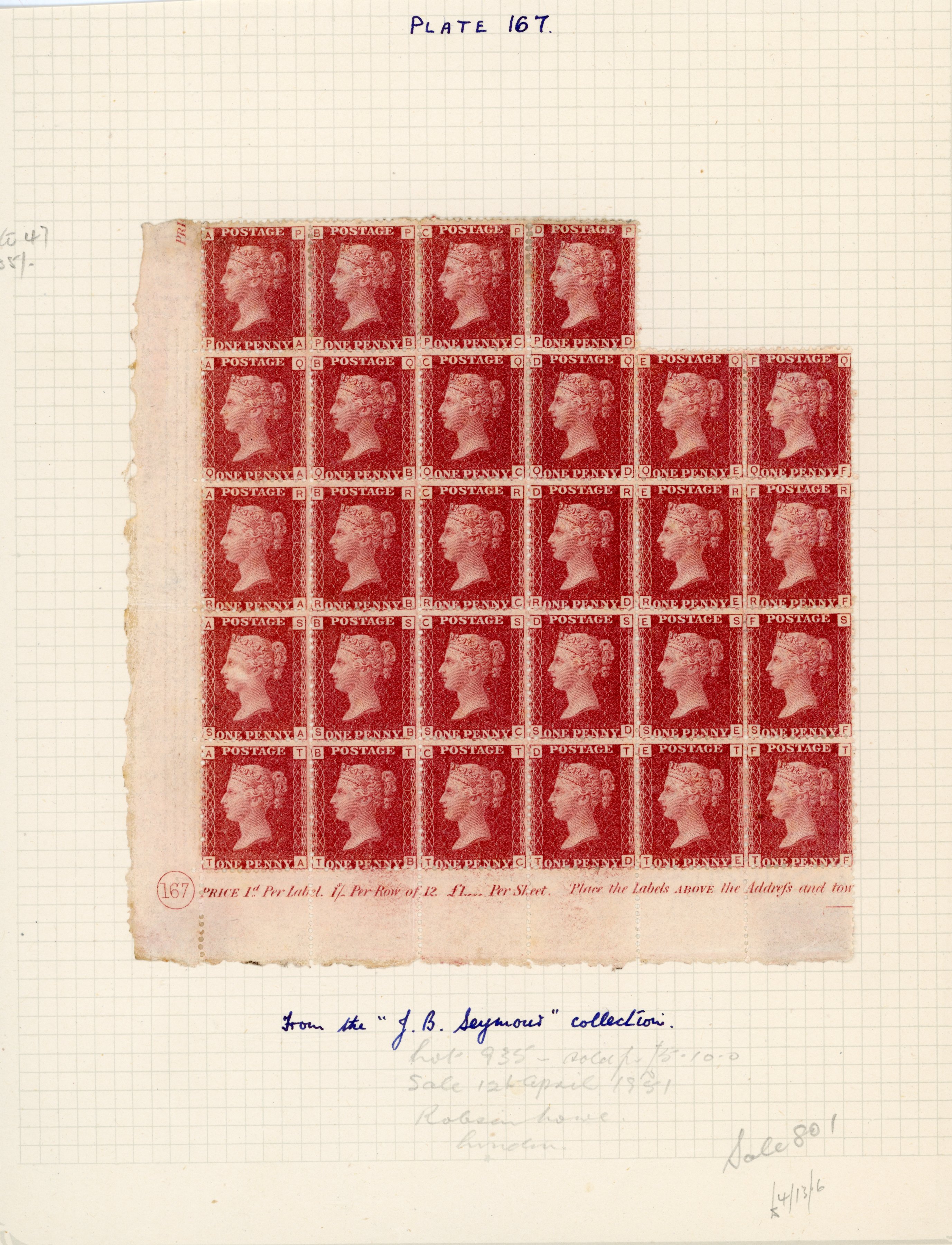 GB 1864 1d red Plate 167 plate block of 28 mint