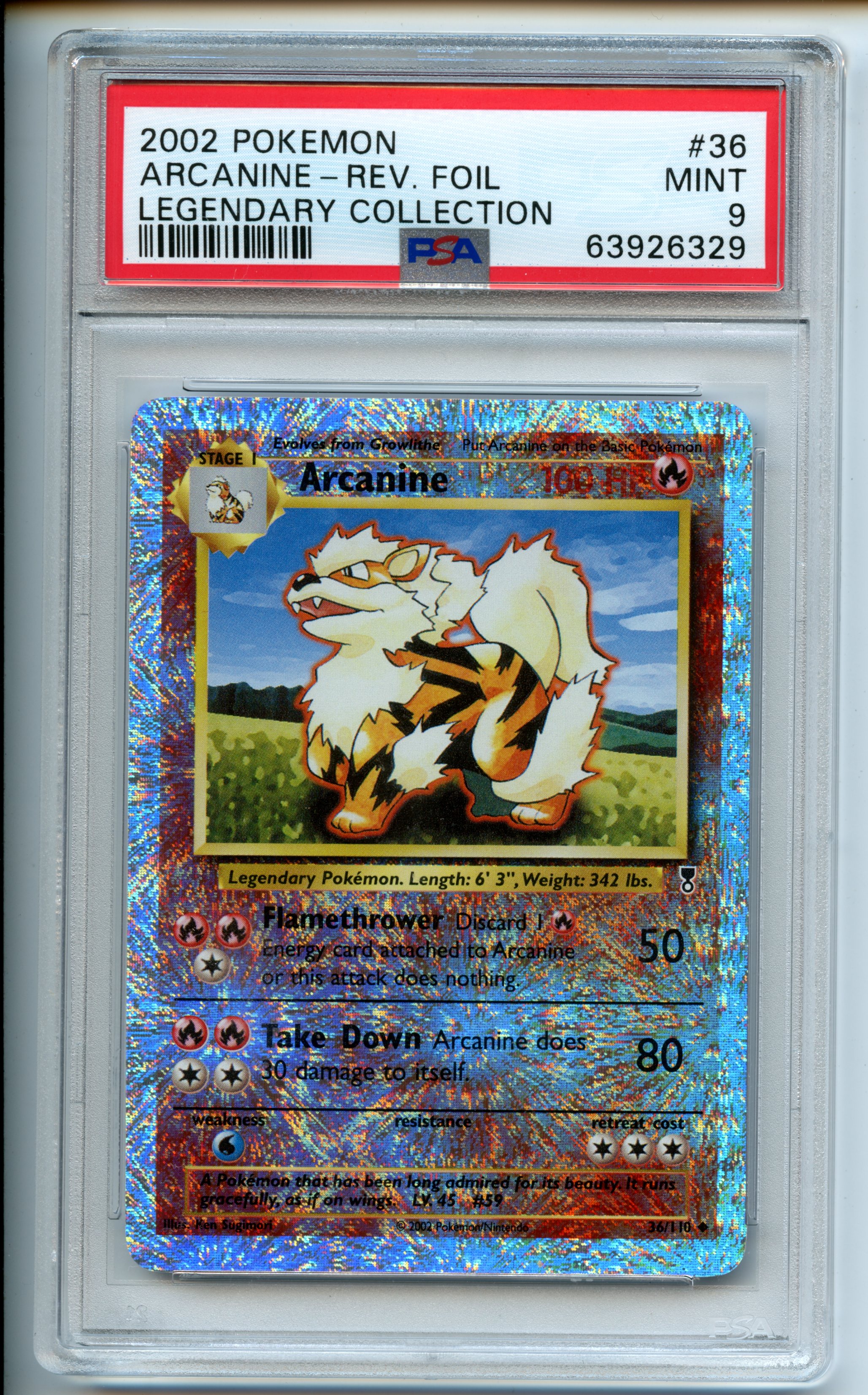 Pokemon TCG  - Arcanine  Reverse Holo - Legendary Collection  - PSA 9