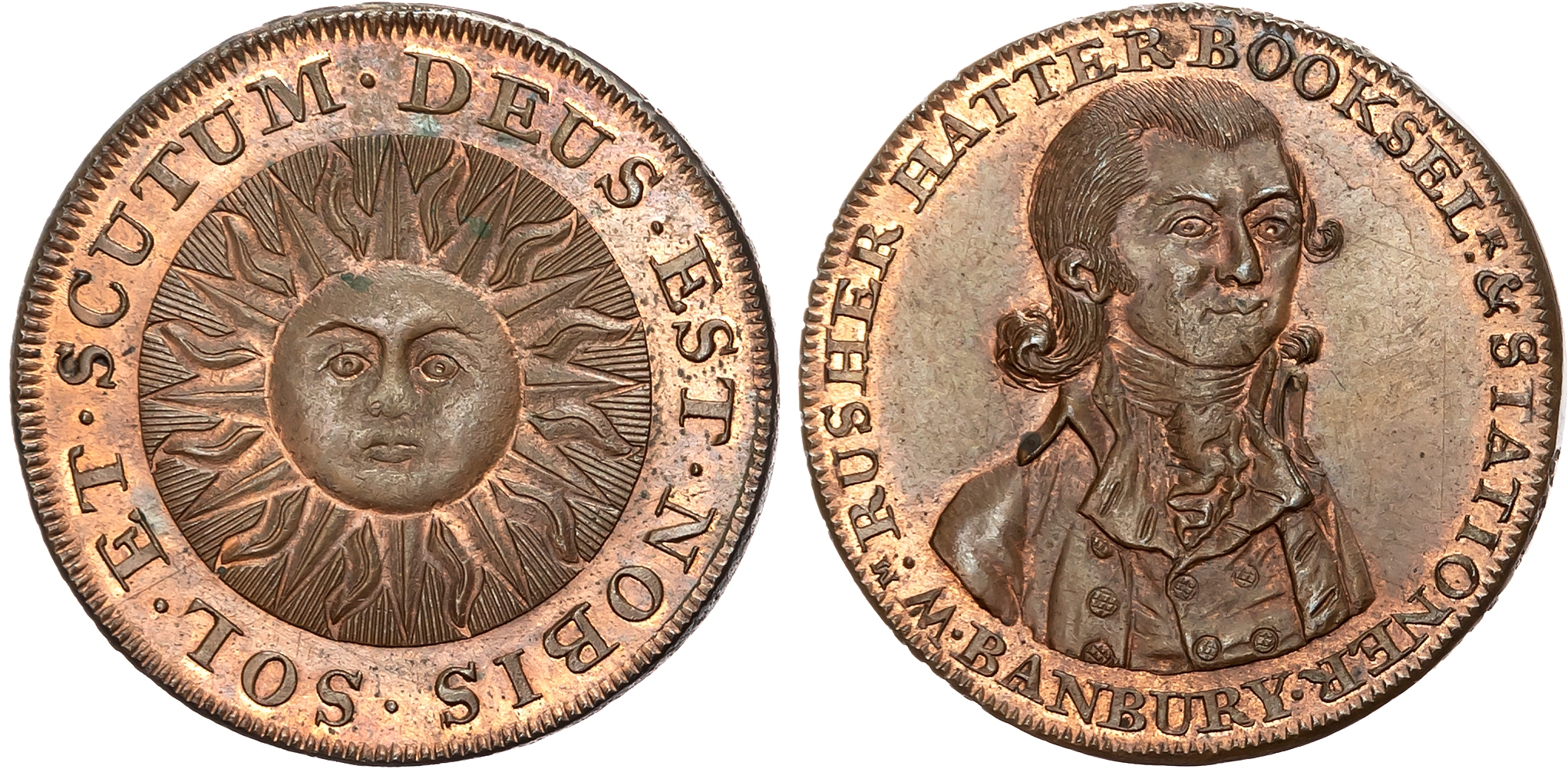 Oxon. Banbury , William Rusher (childrens’ book author, bookseller and stationer) Halfpenny [late 1790s] bust half right …