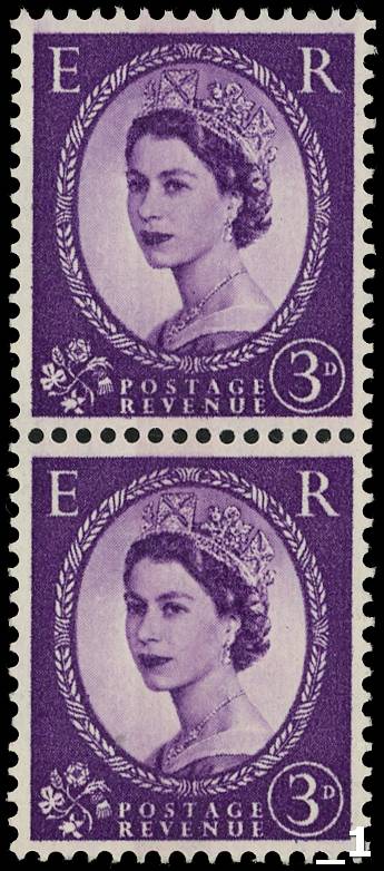 GB: 1959 3d deep violet ‘Dollis Hill Phosphor Trial’ vertical pair, Crowns watermark 