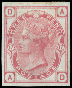 Great Britain 1875 3d Rose Pl.17. Very fine and fresh unused o.g. imperforate imprimatur lettered AD. Very scarce,…