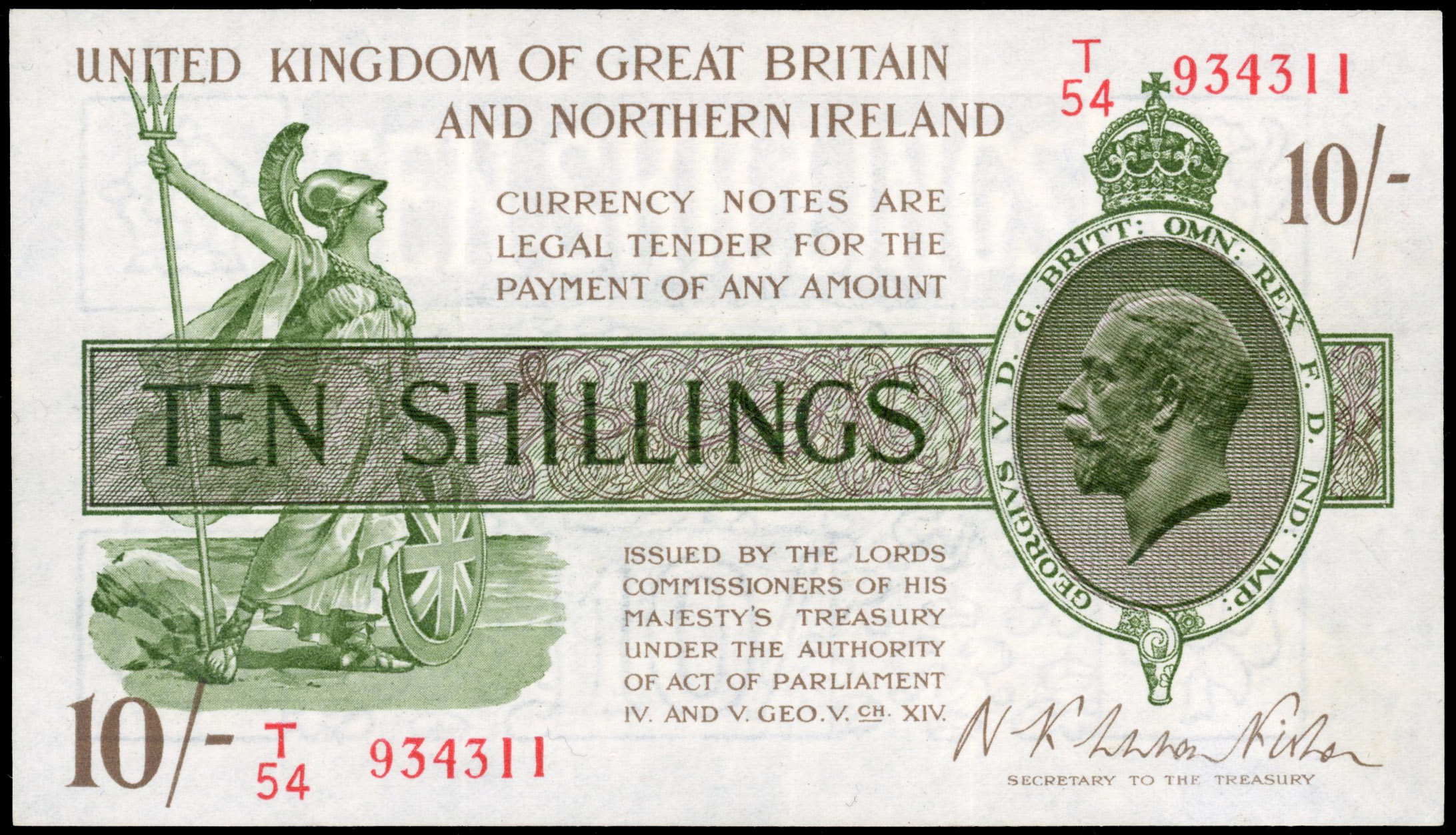 Treasury, N F Warren-Fisher (second issue), Ten Shillings, July 1927, T/54 934311 in red, (Dugg. T33). Good Ex…