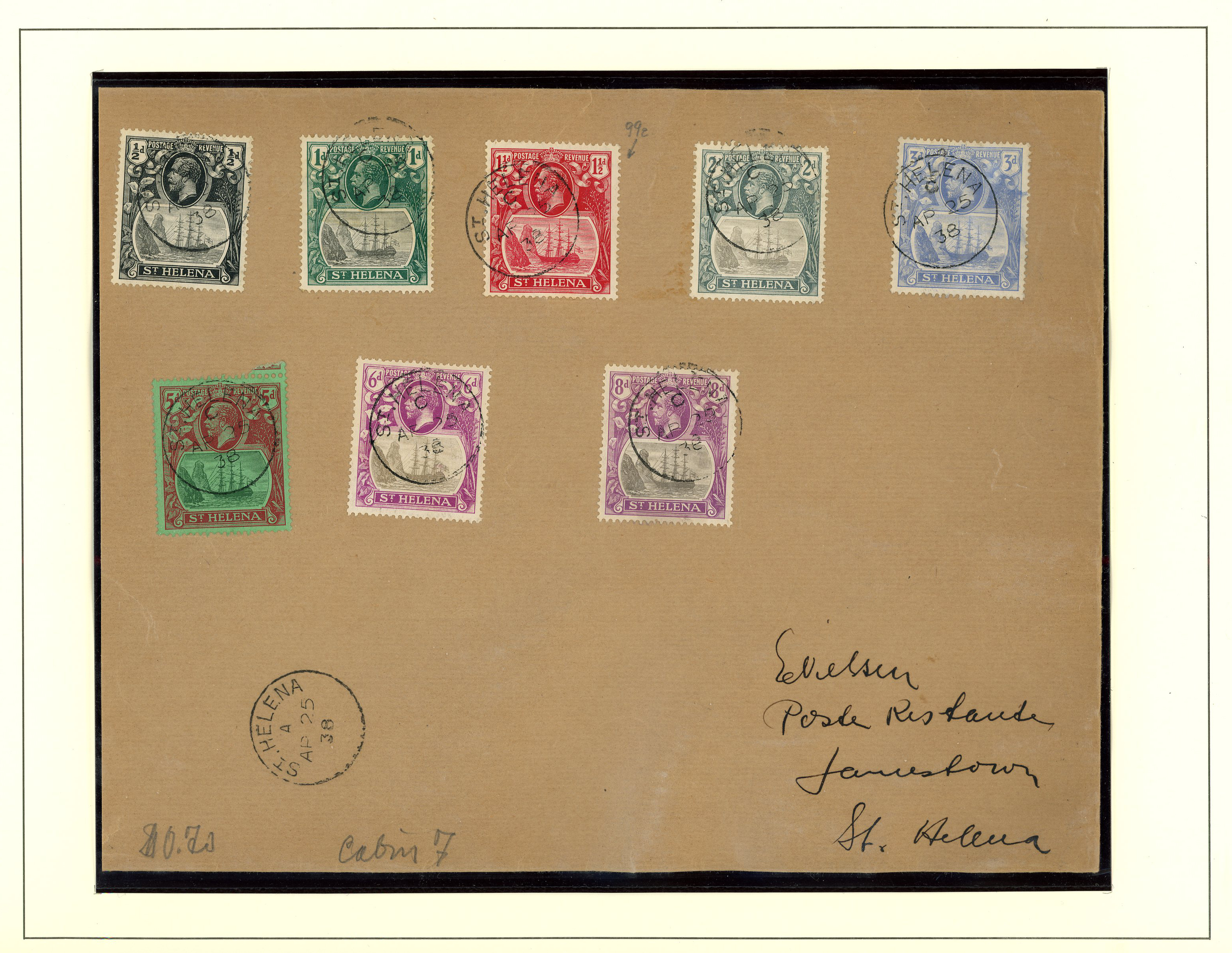 1938 envelope (8½ x 6½") locally addressed with ½d to 8d values, neat SP 25 CDSs.  The ½d, 1d and 1½d are the late...