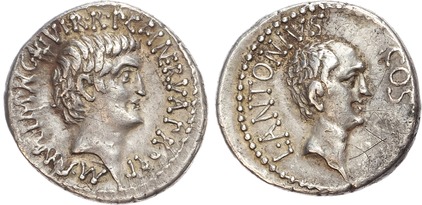 Mark Antony and Lucius Antony (41 BC) AR Denarius, Ephesus (?), M. Cocceius Nerva, quaestor pro praetore, 3.85g. 