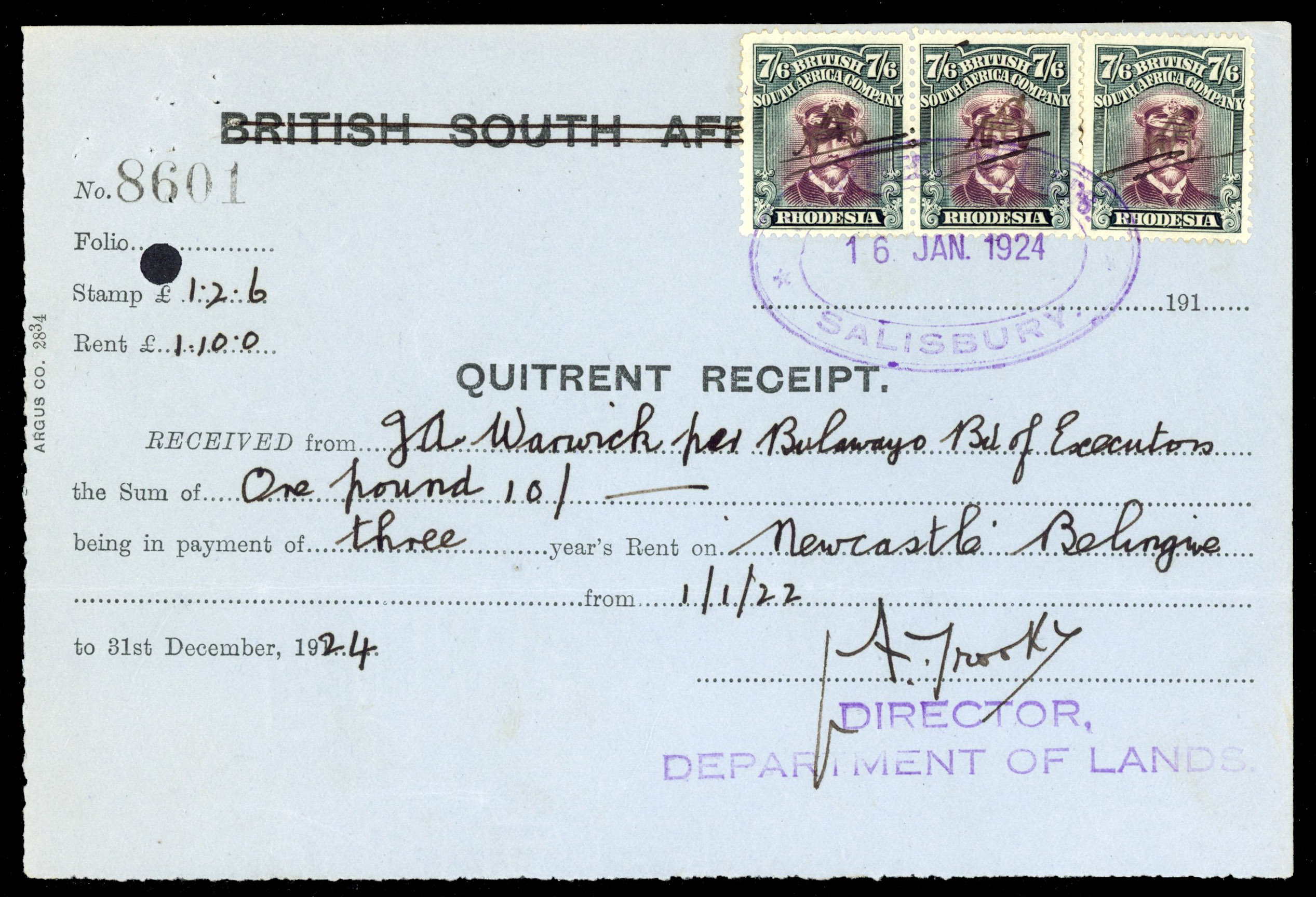 Rhodesia 7/6d SG 308 three on Quitrent receipt
