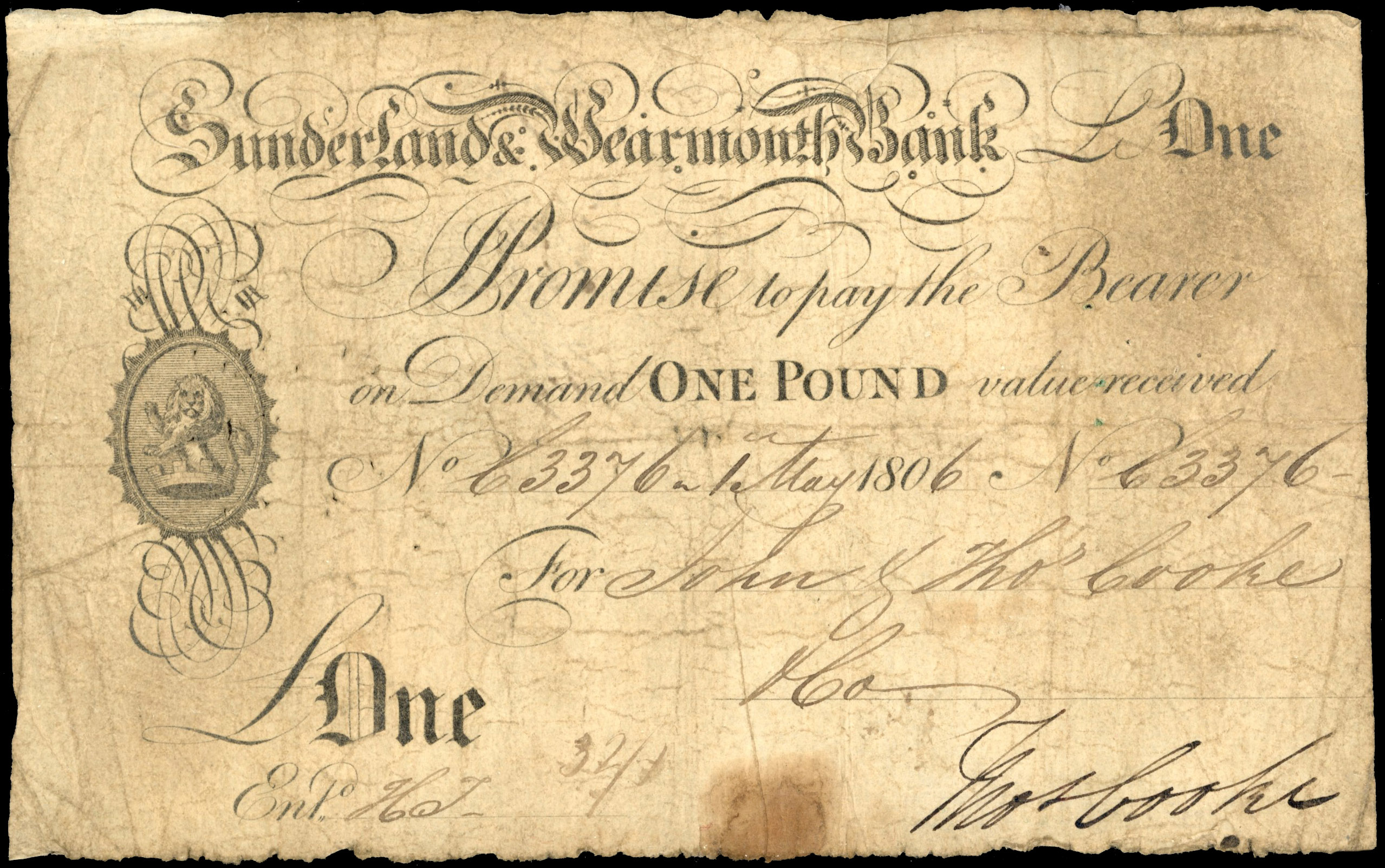 SUNDERLAND, Sunderland & Wearmouth Bank, for John & Thos Cooke & Co. £1.,1 May 1806, signed Thos Cooke, serial…